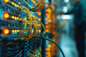 close-up view of a technician inspecting networking cables in a server room, with rows of server racks in the blurred background