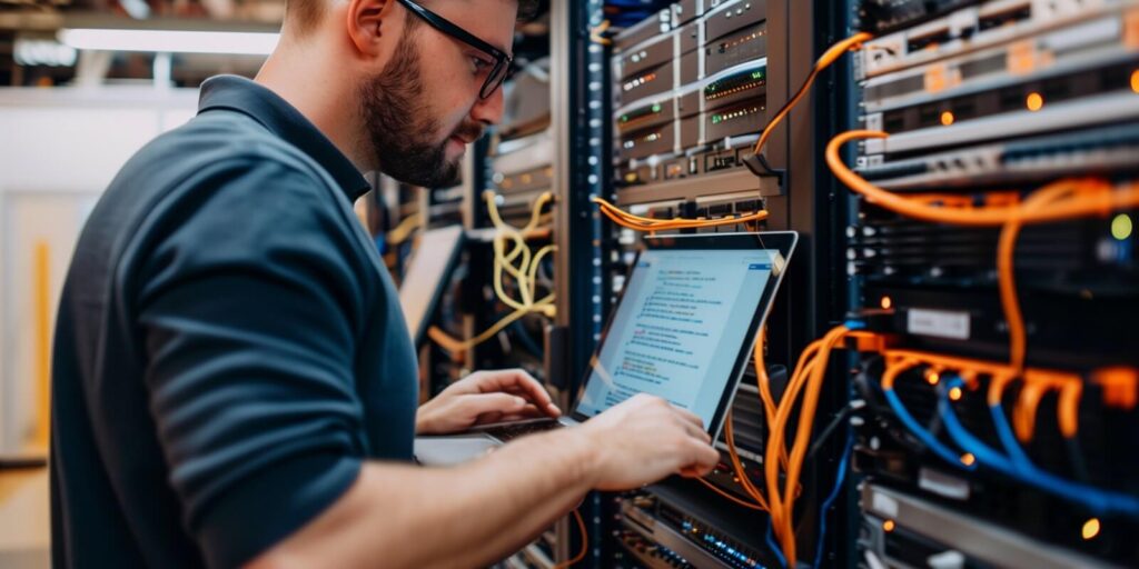 man is working on a laptop in front of a large network of cables