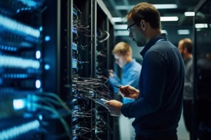 network engineers maintaining servers in a data center