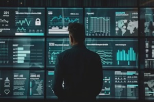 business person analyzing a cybersecurity dashboard with a prominent lock icon