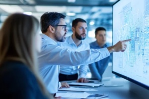 team of cybersecurity professionals gathered around a conference table, discussing a network vulnerability assessment