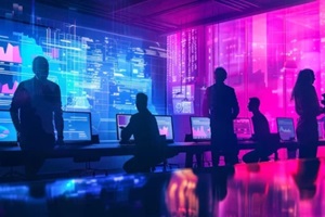 team of professionals engage in cybersecurity operations inside a vibrant digital operations center