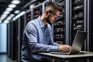 young engineer checking network system with computer laptop in data center room