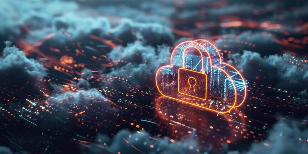 data cloud with padlock icon floating in the center of it